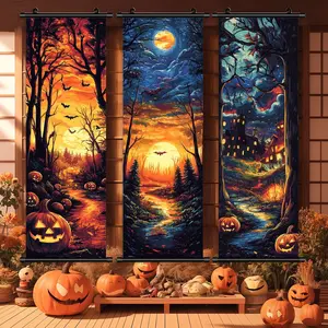 Halloween Themed Hanging Banner, 3 Counts/set Scary Pumpkin Head Poster, Scary Atmosphere Decoration, Halloween Decoration