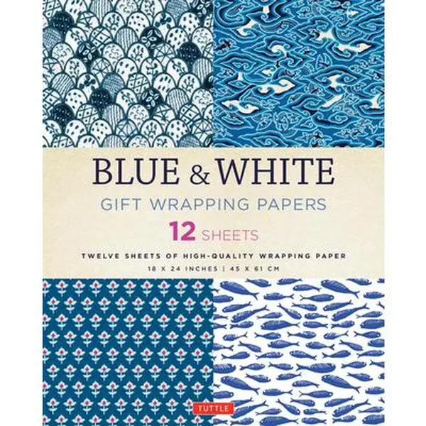 Blue & White High-Quality Wrapping Paper - 12 Sheets (18in x 24in/45cm x 61cm) with Traditional Asian Prints, Removable by Tearing for Craft Projects, Fraction of Single Sheet Price - Tuttle Studio, Fraction Of The Price Of A Single Sheet