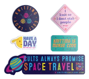 Knitting Cult Lady Vinyl Sticker and Bumper Sticker Pack (5 Stickers)