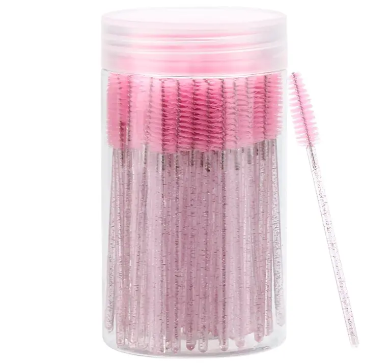 100 Pcs Disposable Mascara Wands, Crystal Eyebrow Spoolies Brush for Eyelash Extensions, Pink Lash Brushes with Container