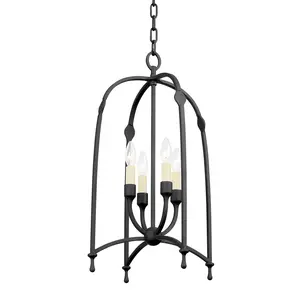 Rhett Lantern 4-Candle Pendant Light in Black Iron or Vintage Gold Leaf, Sophisticated Curved Cage Design