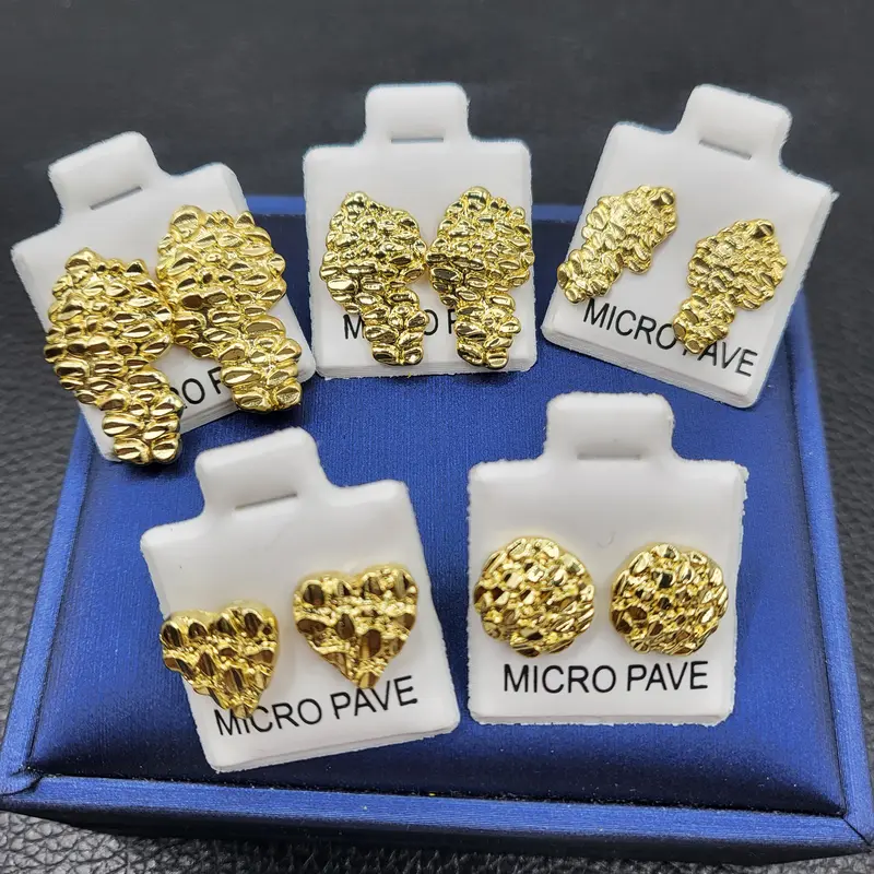 MaxBling81 5PCS Gold Metal Coating Nugget Earrings - 15mm x 10mm Heart Shape, Heart Cookie Design, Surgical Steel Posts, Unisex, Fashionable Earrings for Daily Wear, Birthdays