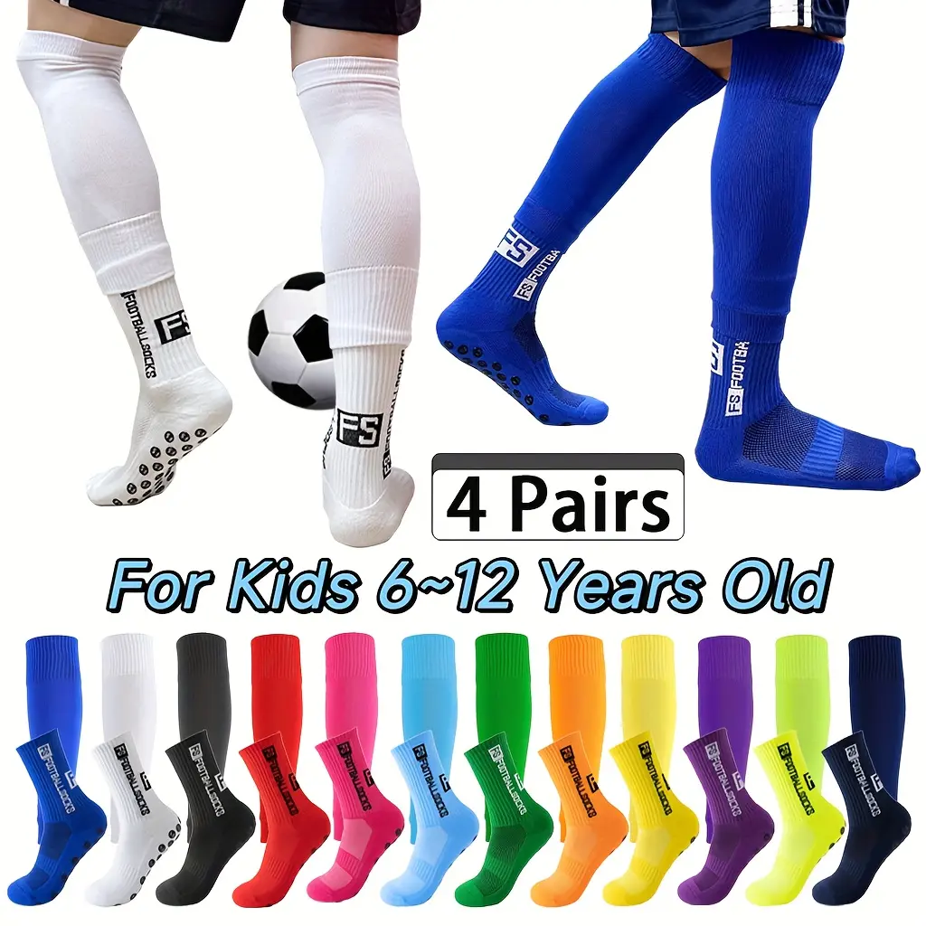 4 Pairs of Anti-Slip Football Socks with Professional Leg Covers, Silicone Grip Football Socks & Breatahble Leg Sleeves for Kids, Competition Training Breathable Leg Cover & Soccer Socks Set for Boys & Girls