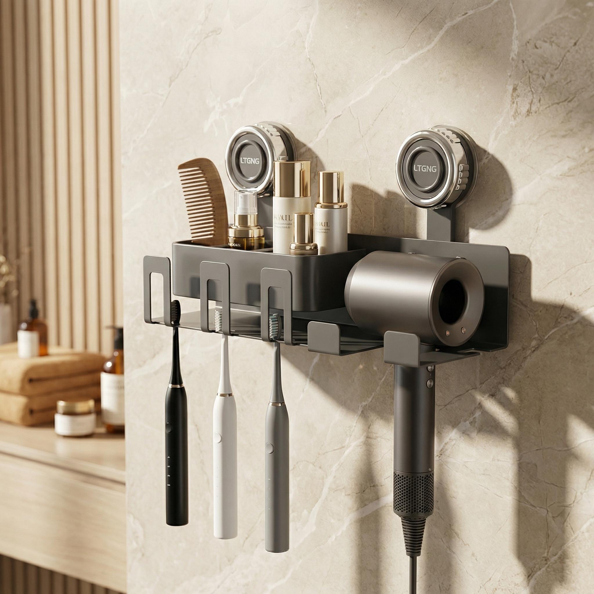 No Drill Suction Cup Hair Dryer Holder, Space Aluminum Bathroom Organizer with Toothbrush Storage, Strong Load-Bearing Wall Mount Rack for Renters