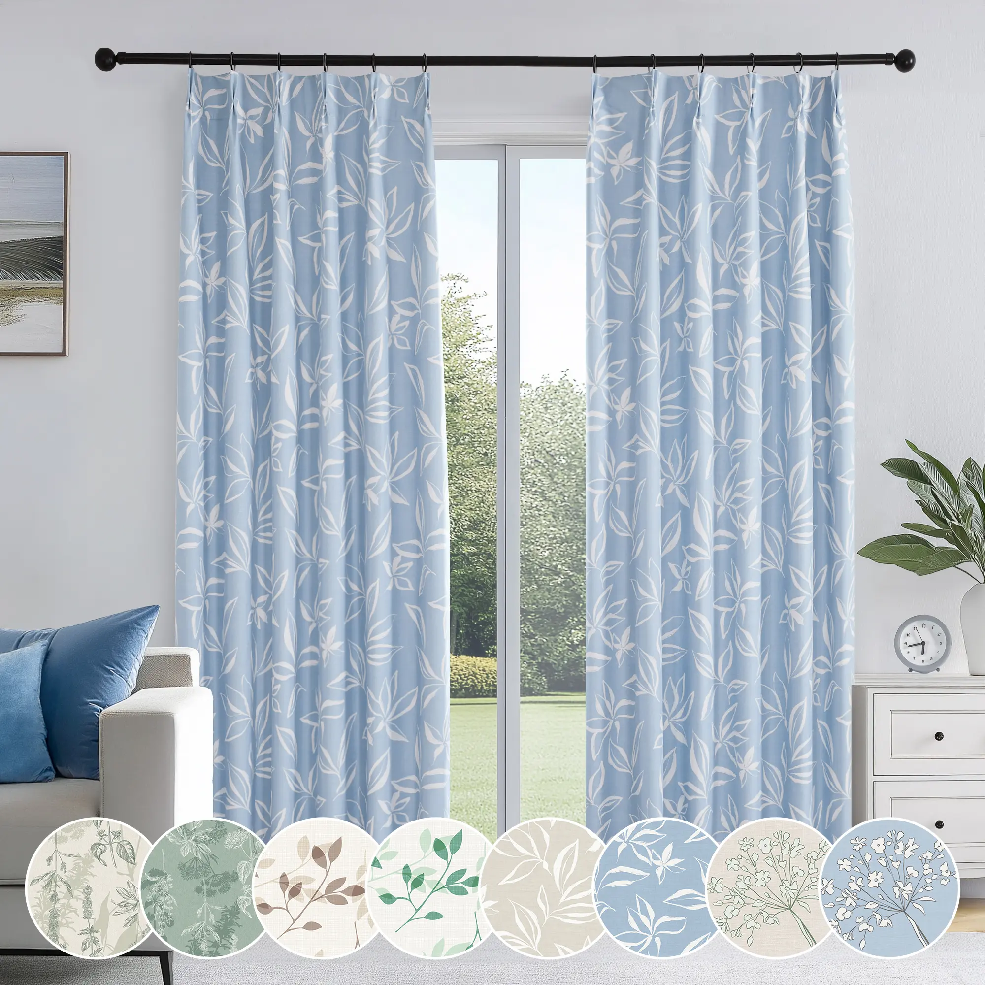 Deconovo 2-Panel Recycled Polyester Blackout Curtains - Nature-Inspired Pinch Pleat Floral Home Decorative Window Drapes, Breathable, 100% Light Blocking, Thermal Insulated, Soundproof, Eco-Friendly, Adjustable Attachment Blackout Shade for Living Room