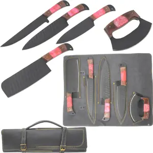 Elk Ridge 5-Piece Kitchen Knife Set, Sharp Ergonomical Knives Set, Brown Wood & Pink Resin Handles, Handforged 1075 High Carbon Steel with Italian Leather Roll Bag