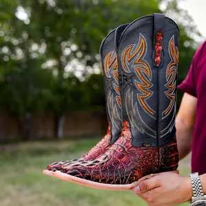 Cognac Caiman Neck Leather Boots - Square Toe