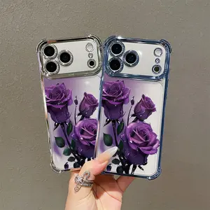 Elegant purple rose design pattern electroplated anti-fall phone case,for iPhone 17 Pro Max Phone Case 17 Air 16 E 15 Plus 14 13 12 11 X XS XR, Samsung Galaxy S22 S23 S24 S25 ULTRA FE Plus EDGE