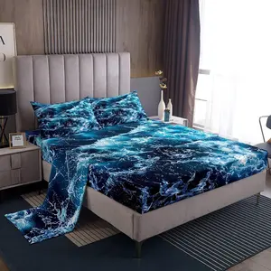 Feelyou Ocean Waves Bedding Sheet Set, Nautical Marine Print Multi-Size Top Sheet Set with Deep Pockets, Summer Bedroom Bedding