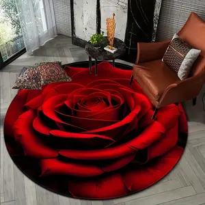 Valentine's Day Rose Pattern Round Carpet - Soft Flannel, Fade Resistant, Suitable for Bedroom and Living Room Decoration