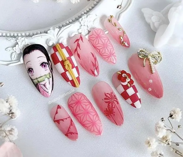 Idemonade Aslayerin Inezukon Press On Nails | Pink Kimono Hemp Leaf Anime Nail Art | Handmade Reusable Kawaii False Nails| FREE Adhesive Tabs  Nail File Cuticle Stick
