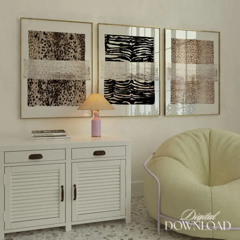 Neutral Animal Pattern Wall Art Set Of 3 DIGITAL Download, Leopard Print Poster, Modern Black & White Zebra, Abstract Hand Drawn Deer Art