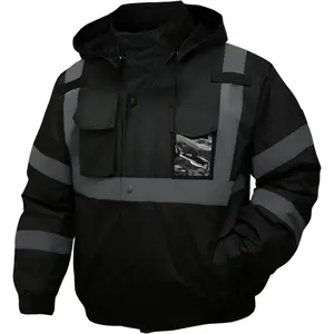 Safety jacket for men Reflective High Visibility Hooded Hi-Vis Bomber Jacket with Pockets and Zipper Waterproof Black ANSI/ISEA 107-2020 Type R Class 3