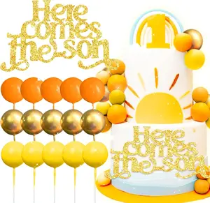 LaVenty Here Comes The Son Cake Topper Set: 1pc Wooden Cake Topper, 15pcs Balls (5 Orange, 5 Gold, 5 Yellow), Boho Baby Shower Decor, Sunshine Baby Shower Decorations
