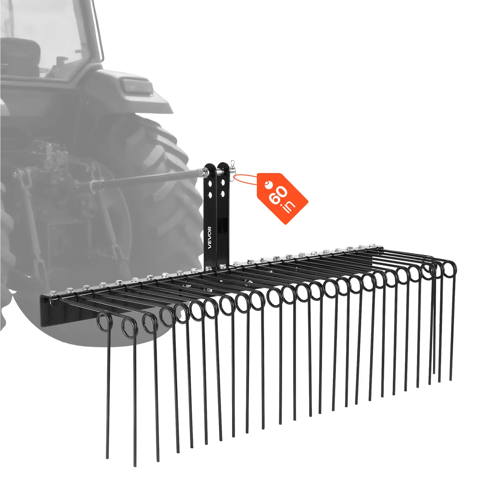 【Summerfinds】VEVOR 60 In Tow-Behind Landscape Rake, 3-Point Hitch Lawn Dethatcher with 26 Spring Steel Tines, Category 1 Tractor Attachment, Heavy-Duty Rust-Proof Coating, Yard Cleanup Tool, Compatible with Leaves, Pine Needles