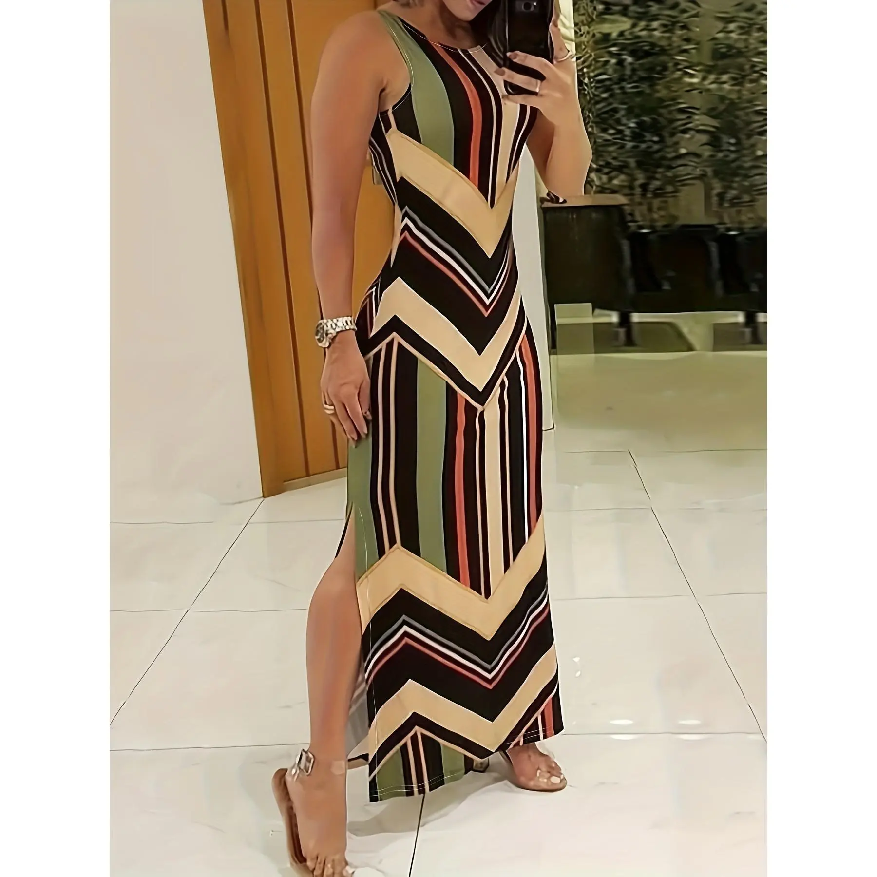 Women's Basic Casual Polyester Knit Geometric Print Sleeveless Crew Neck Fitted Maxi Dress - High Side Split Gown for Spring Vacation Wear, S Size, Blue, Fuchsia