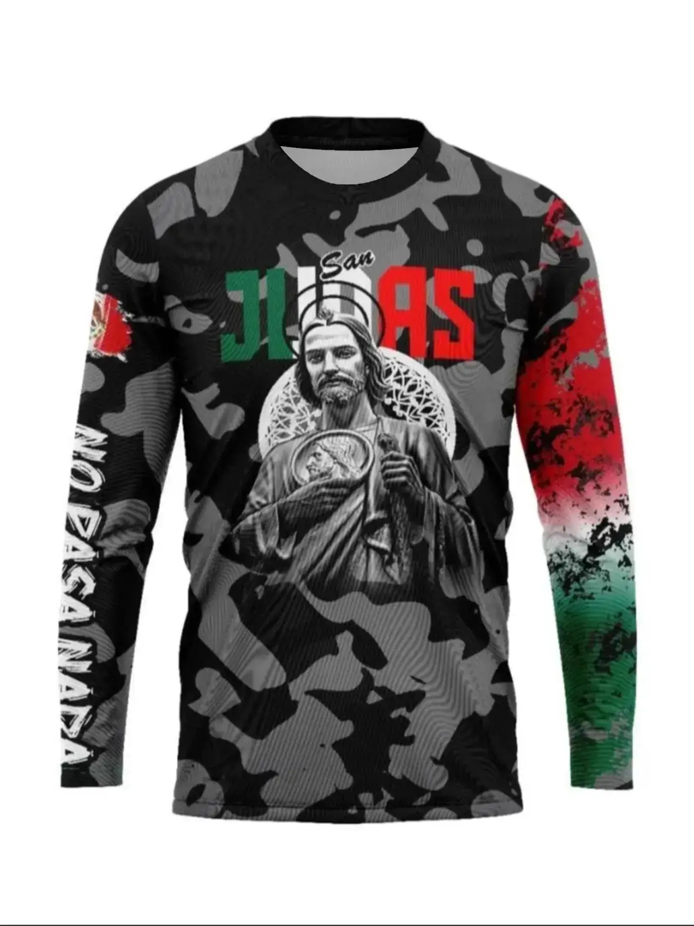 Men's Saint Judas Theme Print Long Sleeve T-Shirt, Mexican Tricolor Camo Casual Sporty Tee, Spring & Fall Fashion Top, Streetwear, Menswear