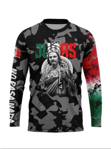Men's Saint Judas Theme Print Long Sleeve T-Shirt, Mexican Tricolor Camo Casual Sporty Tee, Spring & Fall Fashion Top, Streetwear