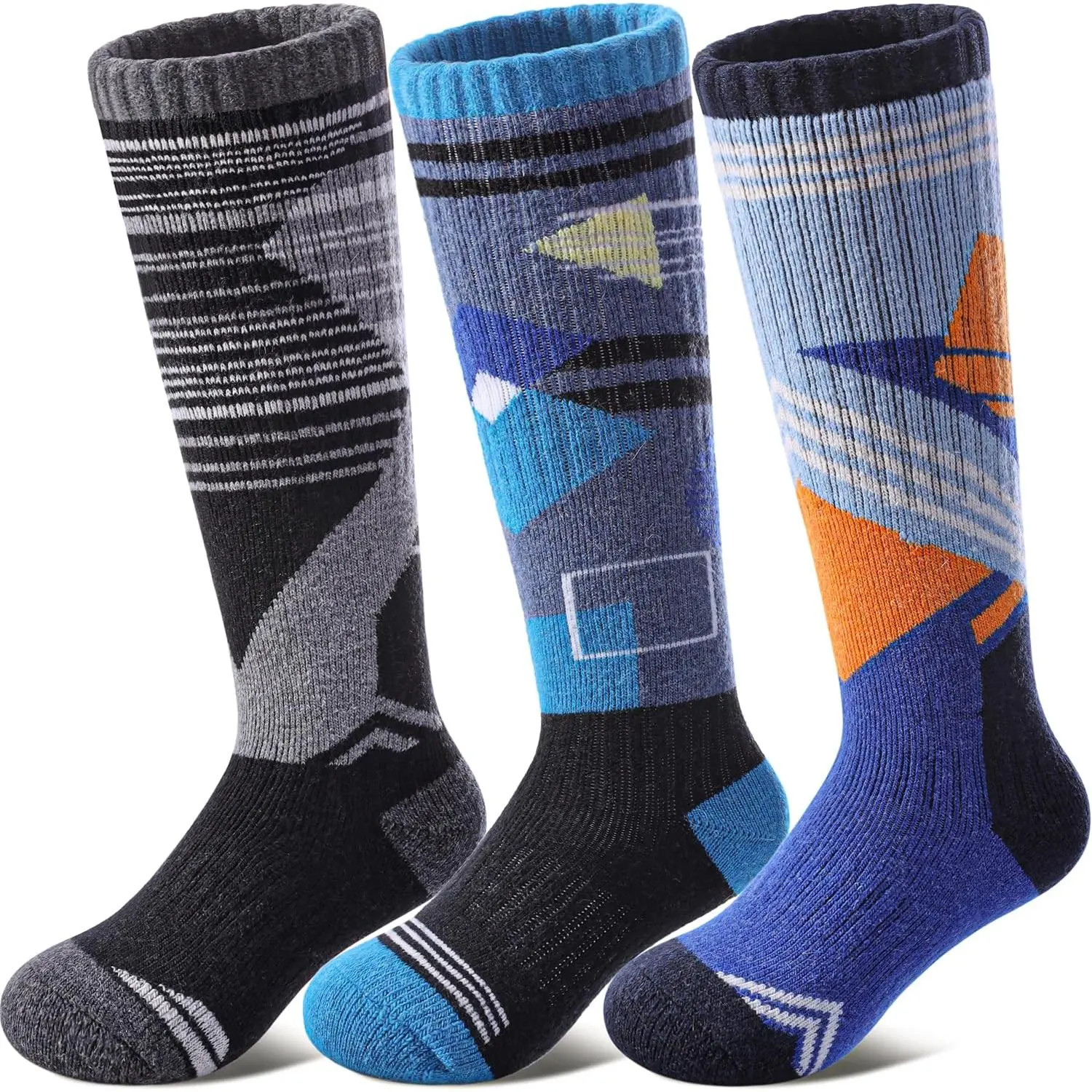 Kids' 3-Pair Merino Wool Ski Socks, 70% Wool, Thick-Warm Thermal Socks for Boys & Girls, Winter Skiing, Imported, 3 Pairs
