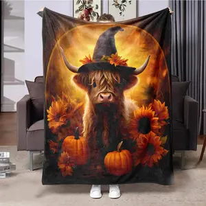 Halloween Themed Sunflower Pumpkin Cow Pattern Blanket, Flannel Throw Blanket, Soft Comfortable Throw Blanket, Warm Napping Blanket for Home Office Travel Outdoor Camping