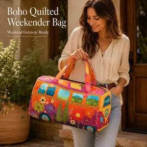 18 Inch Boho Quilted Weekender Bag, Colorful Retro Van Duffel Bag for Travel, Beach, Gym and Weekend Getaway