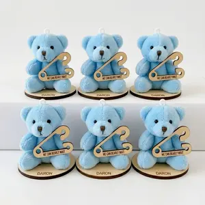 Set of 6 Personalized Teddy Bear Baby Shower Party Favors - Blue Plush Bear Party Gift with Custom Name & Wooden Base - We Can Bearly Wait