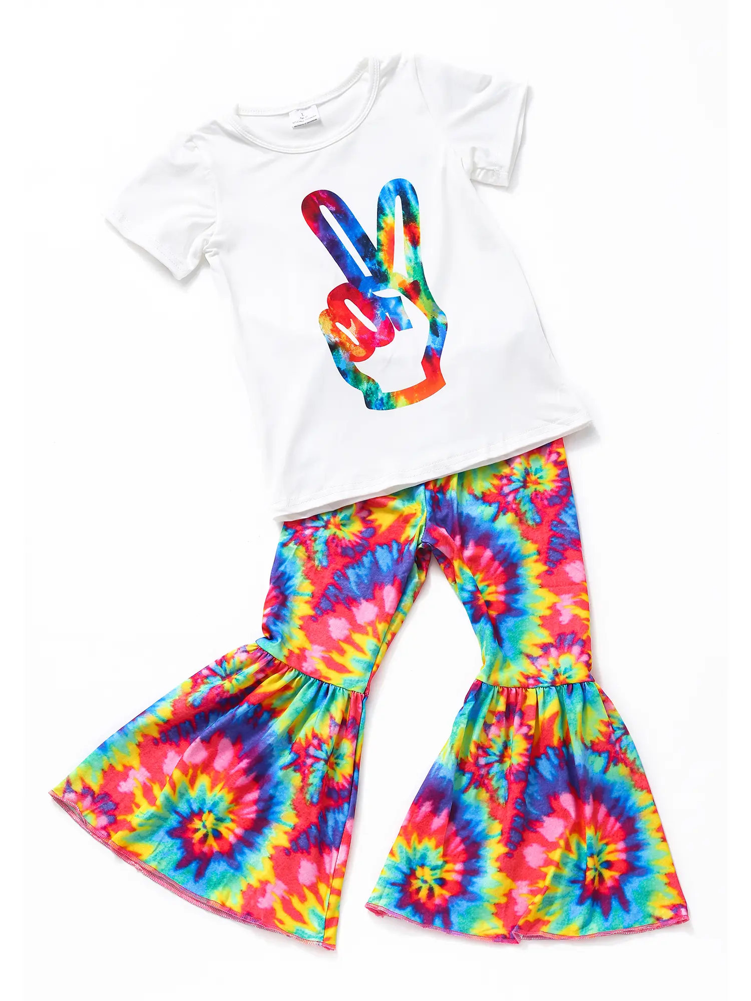 Girls' Fashionable 2-Piece Outfit, Trendy Tie-Dye Bell Bottom Pants & Short Sleeve Rock Gesture Graphic T-Shirt, Beautiful