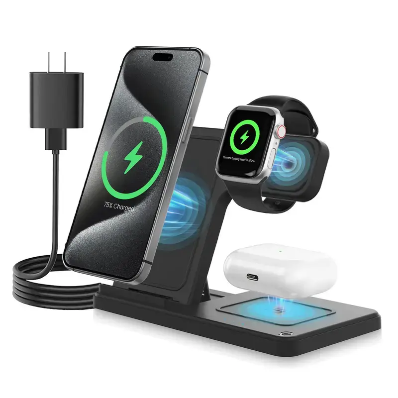 3 in 1 Wireless Charging Station, Foldable 15W Fast Wireless Charger Stand for Apple Devices, Qi-Certified for iPhone 18/17/16/15/14/13/12/11/Pro/Max/X/XR/Samsung, iWatch-SE/7/6/5/4/3/2 & AirPods, QC-3.0 Adapter Included Electronic Gadgets