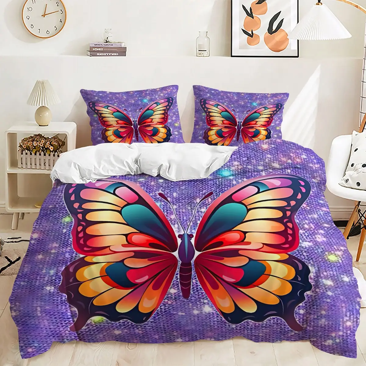 Purple Glitter Butterfly Duvet Cover Set – 2/3‑Piece Girly Bedding Set, Skin‑Friendly, Ideal for Teen Girl Bedroom, Princess Room, Vanity Nook, Guest Room & Dorm All‑Season Use, No Filler