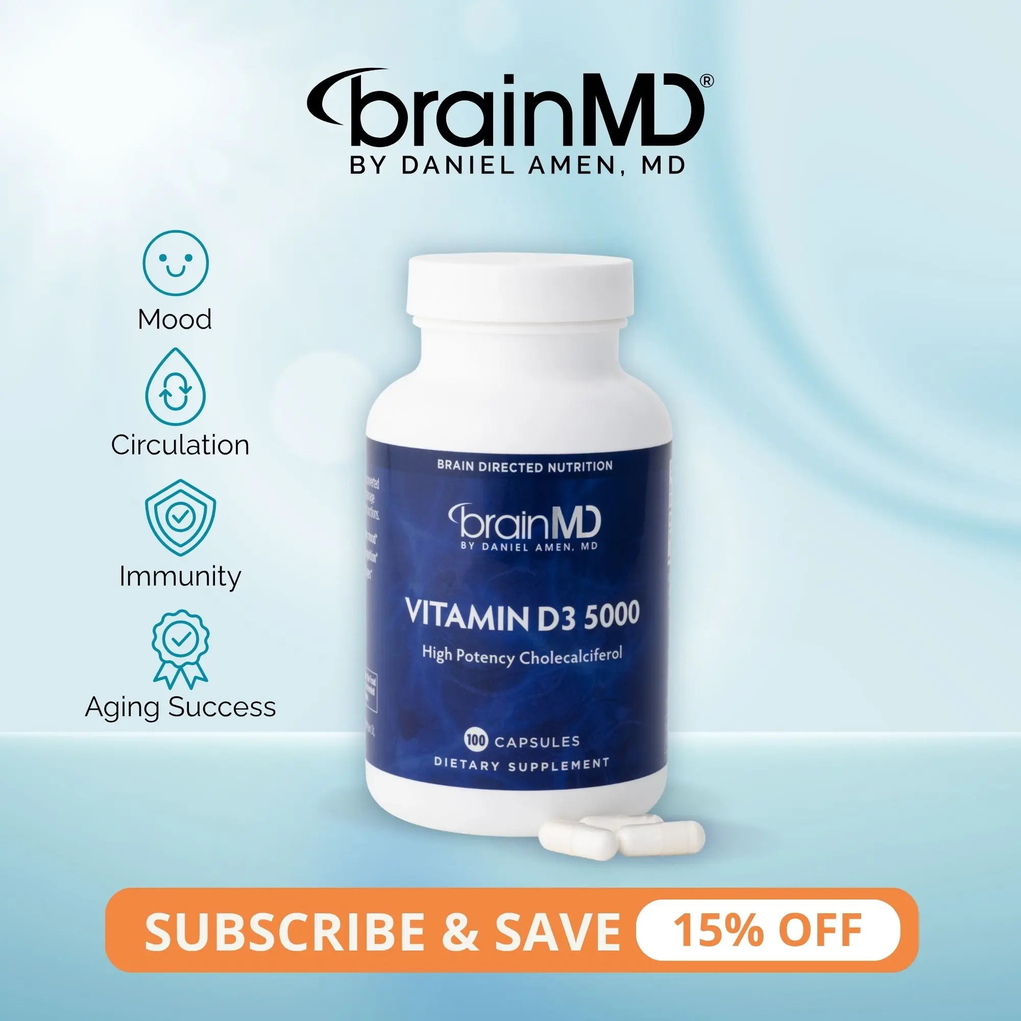 Vitamin D3 5000 | BrainMD | 100 Capsules | Mood & Brain Health Support | Immune & Bone Strength | High-Potency Cholecalciferol 5000 IU