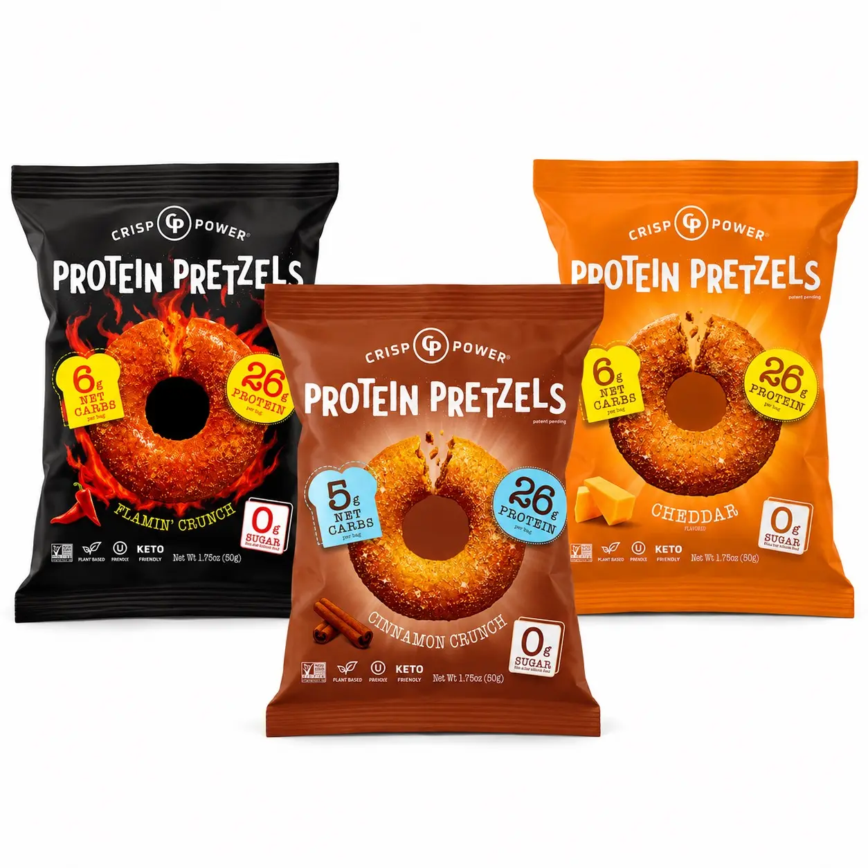 Crisp Power Protein Pretzels Variety Pack Snack - Spicy Flamin' Crunch, Cinnamon Crunch, Cheddar - 3 Bags