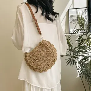 Lace-trimmed Crossbody Cotton Woven Bag Openwork Straw Shoulder Bag for Vacation Beach Style Versatile Women's Accessory Ideal for Casual Outings