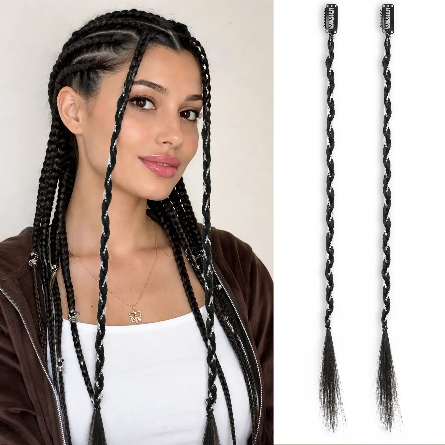 WIGQUEEN 20" Boho Dreadlock Clip Hair Extensions - 2PCS Handmade Hair Braids with Colorful Beads & Charms, Boho Braid Synthetic Extensions & Pieces for Women's Cosplay & Daily Styling