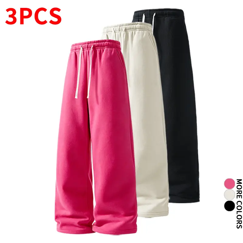 Men's 3-Piece Basic Plain Soft Knit Loose Wide-Leg Athletic Sweatpants - Casual Long Pants for Campus, Outings