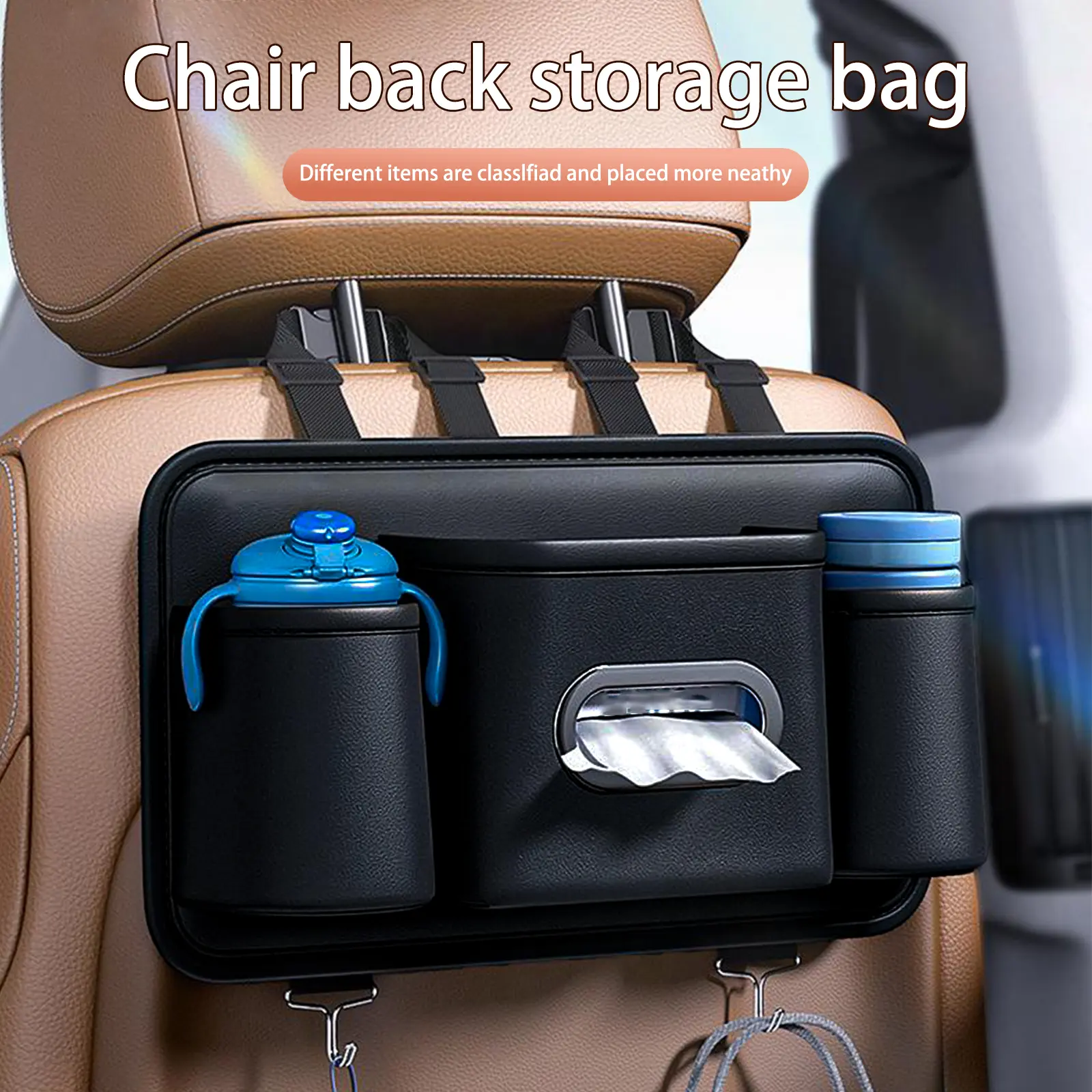 Car Seat Back Organizer, Full Leather Car Accessories with Tissue Case, Headrest Storage Box, 2 Cup Holders & Hook, Multi-Functional Durable Back Seat Stowing Tool for Family Travel & Kids Care, Black