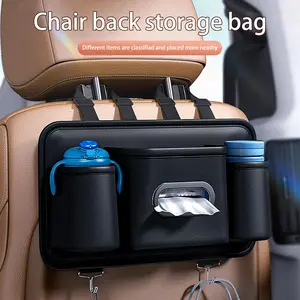 Seat Back Organizer Car Acessesories, Full Leather Cover Tissue Case Headrest Storage Box with 2 Cup Holders and Hook Multi-functional Durable Back Seat Storage Tool for Family Travel and Kids Care Black family travel