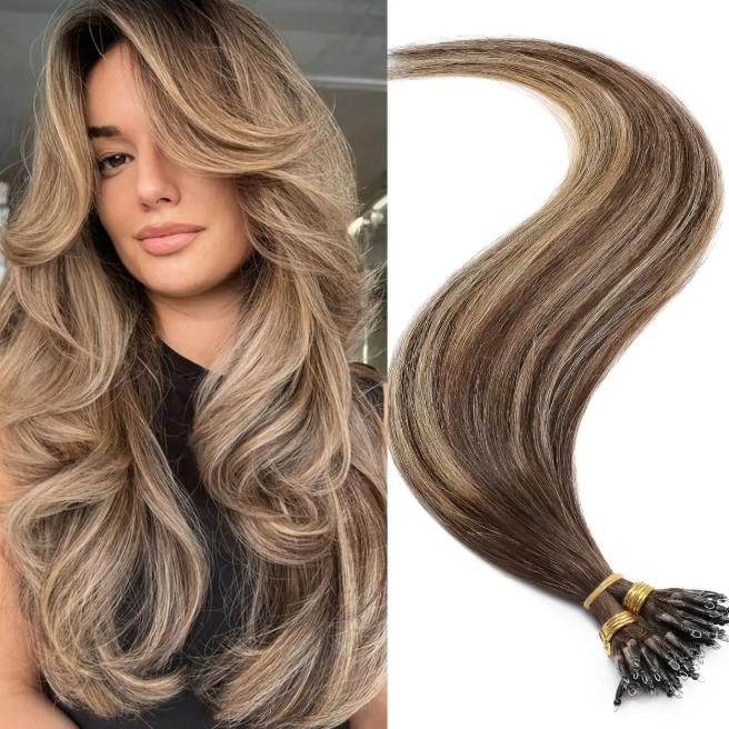 12-28 Inch 100% Remy Human Hair Extensions, Nano Tip Micro Nano Rings Cold Fusion, 50pcs 30g, Thick Smooth No Shedding No Tangle for Women