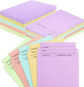100 count Colorful Library Pockets and Cards, 5 Colors Library Check out Cards Library Card Pocket with 60 count Removable Adhesive Dots for School Office Public Library Books (Candy)
