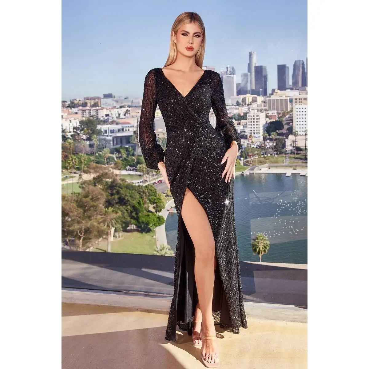 Cinderella Divine -B8422 Sequined V-Neck Sheath Prom Gown