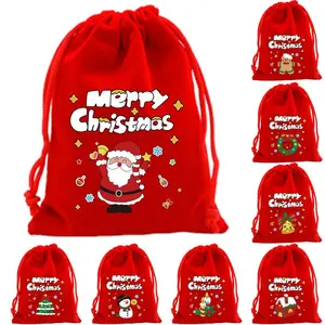 Cartoon Christmas Themed Drawstring Gift Bag, 12pcs/set Cute Gift Wrapping Bag, Gift Packaging Supplies for Party, Wedding, Festival