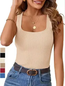 Women's Solid Square Neck Ribbed Tank Top, Casual Sleeveless Top for Summer, Ladies Clothes for Daily Wear, Womenswear