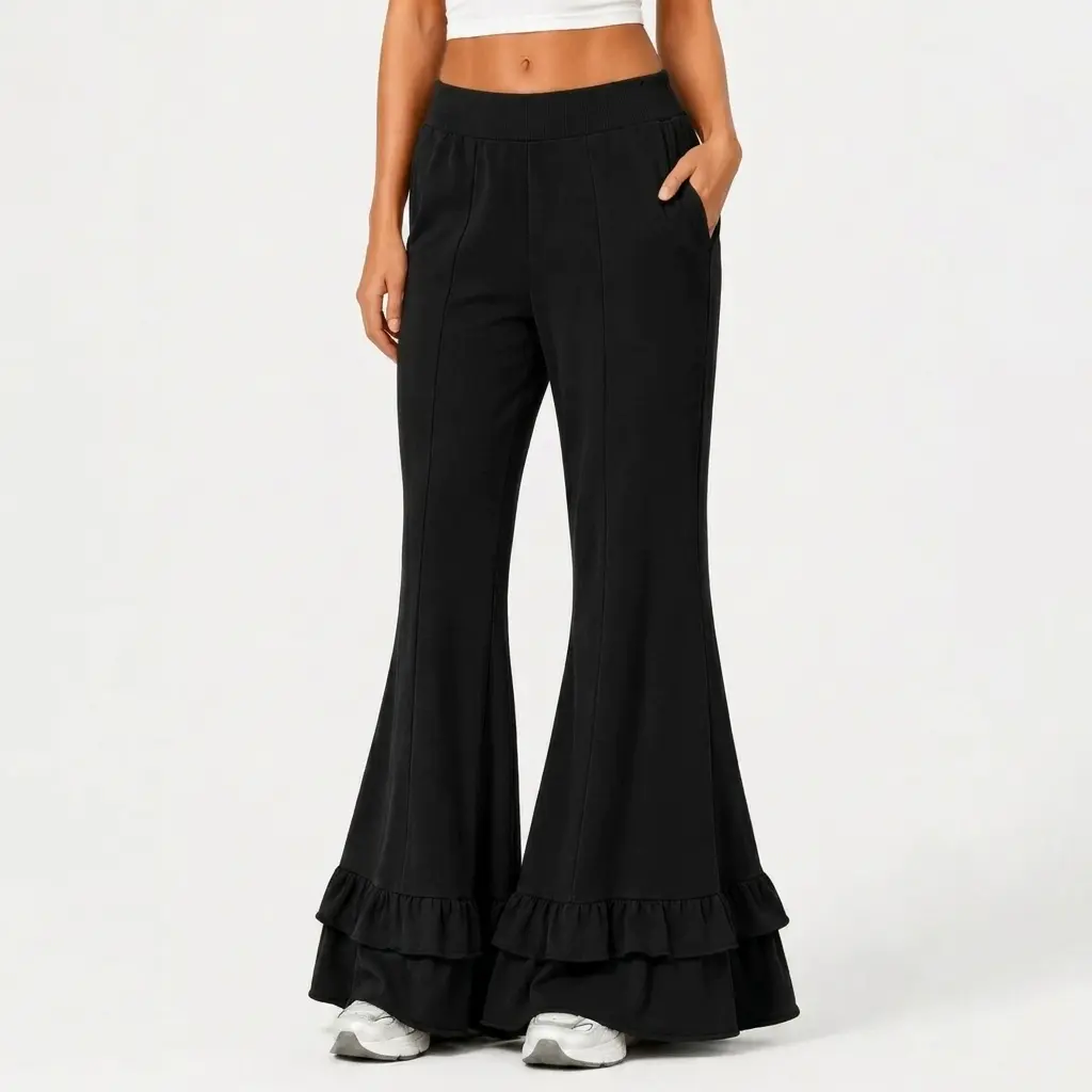 ChicCurve Women's High Waisted Wide Leg Flare Pants, Stylish Tiered Ruffle Hem Bell Bottom Trousers, Comfortable Casual Lounge Pants with Pockets for Everyday & Streetwear