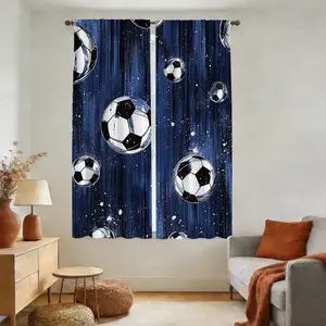 2pcs Floating Soccer Balls on Blue Semi- Blackout Curtains Rod Pocket Design - Perfect for Living Room, Café, Office - Room Decoration (Not Muti Layer Curtains)​