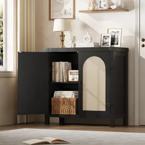 Garvee 31.5 in Small Rattan Buffet Cabinet with Storage, Kitchen Coffee Bar Cabinet with Doors, Boho Farmhouse Sideboard with Adjustable Shelves and Handle for Kitchen, Living Room, Natural Wood Finish