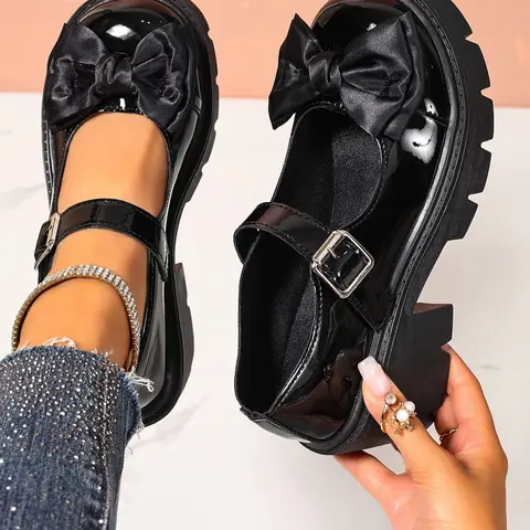 Women's New Chain Decorated Flat Comfort Shoes, Halloween Gothic Bow Design Small Leather Shoes, Daily Wear and Walking Shoes, Y2K School Shoes, Mary Jane Style