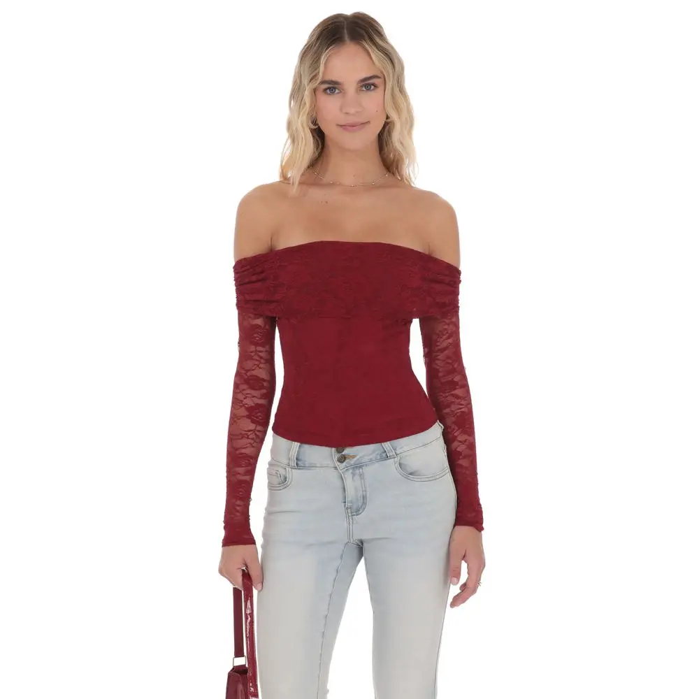 LUCY IN THE SKY Women's Burgundy Off-Shoulder Floral Lace Blouse, Stretch Polyamide-Elastane Blend, Designed in Los Angeles, Lady Top, Hand Wash Only, Cold Wash