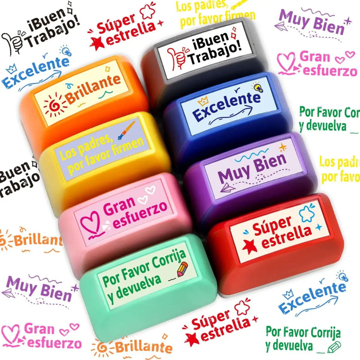 8 Pack Spanish Teacher Stamps, Self-Inking Motivational Classroom Grading Stamps