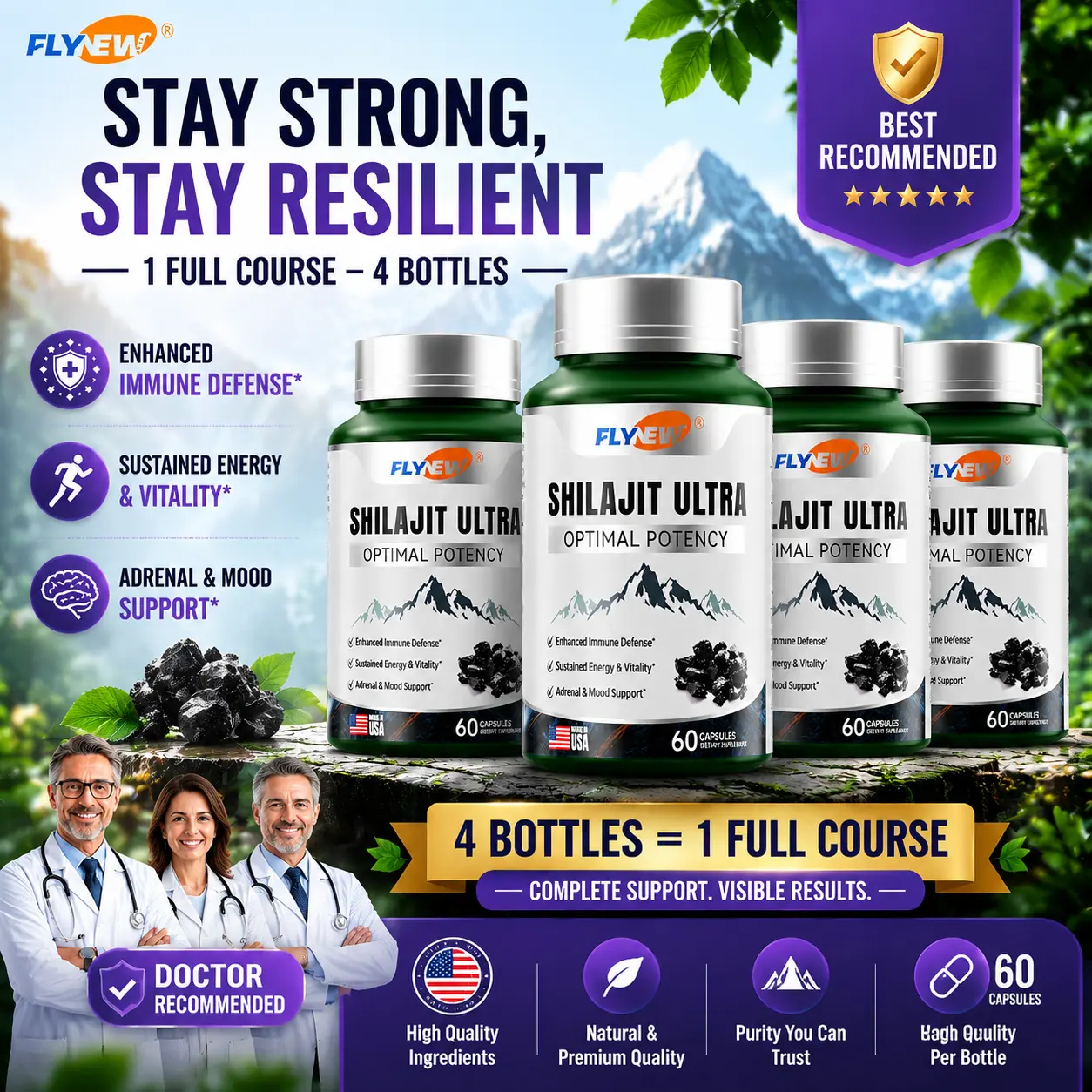 FLYNEW Shilajit Ultra Capsules | Complete 4-Bottle Course for Best Results | Adaptogen Energy Stamina Immune Antioxidants | Optimal Potency | Made in USA