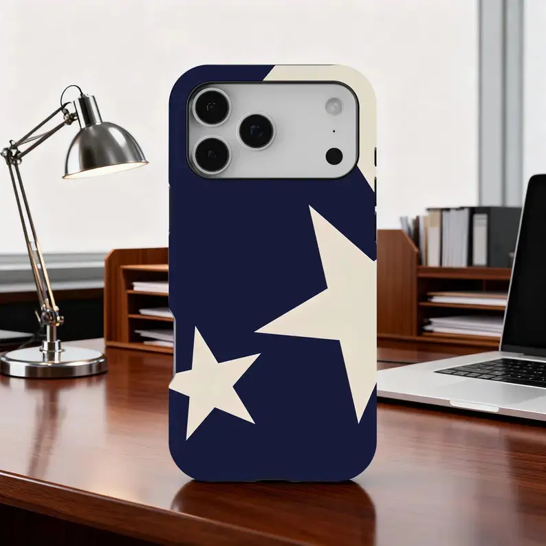 Navy Blue Star Phone Case, Bold Cream Star Pattern Cases, Y2K Aesthetic Star Cover for iPhone 17 16 15 14 13 12 11 Pro Max, Samsung S25 S24 gift for her men's cool gadgets iphone 17 pro max cases girls