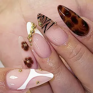 New French Vintage Nail Art, Tortoiseshell Geometric Zebra Line Decor, Detachable Press-On Nails for Women, Daily Shopping Party Date Use